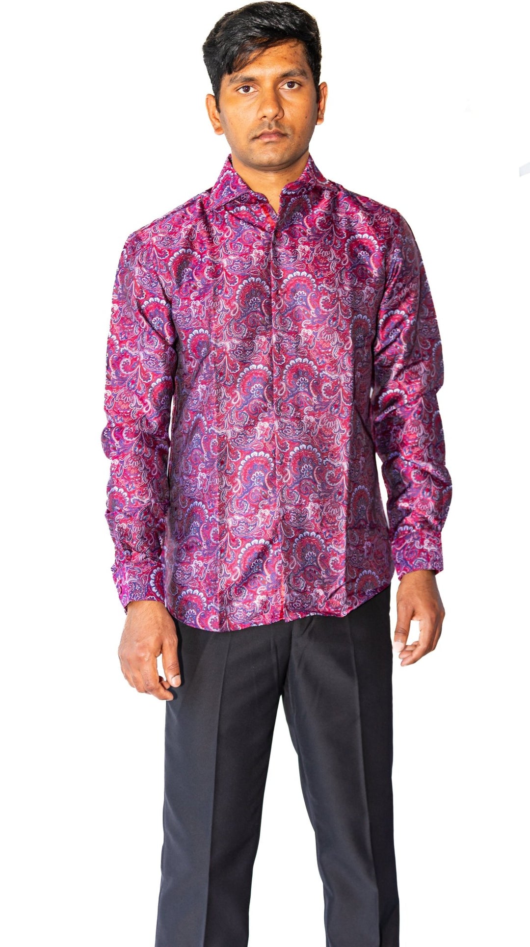 Maroon Blue Paisley Silk Men's Shirt- CY-0042 - SimonVon Shop