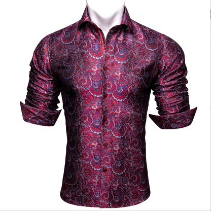 Maroon Blue Paisley Silk Men's Shirt - CY - 0042 - SimonVon Shop