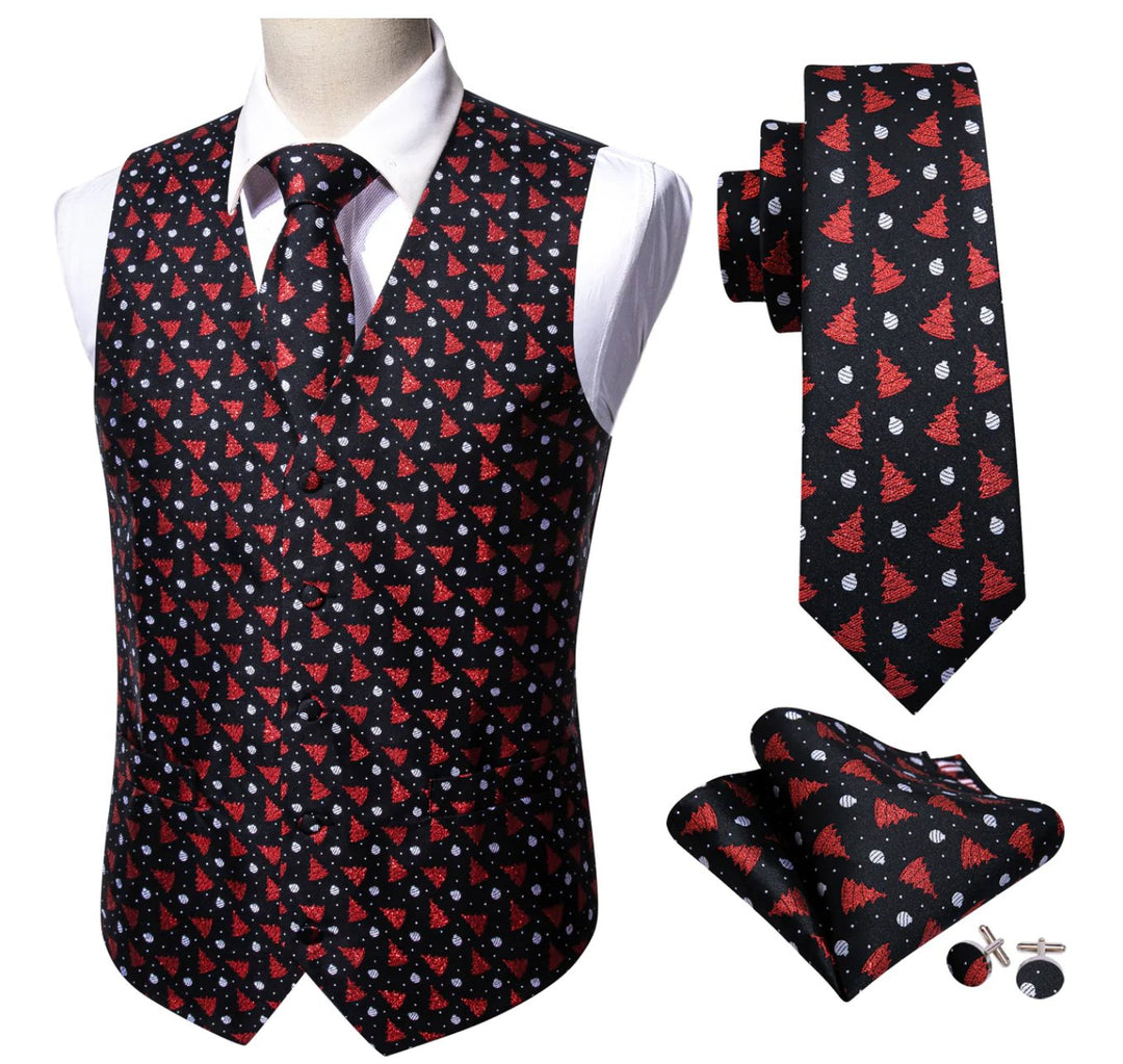Men's Black Red Christmas Tree Silk Tie Hanky Cufflinks Waistcoat Vest Set - MJ - 2577 - SimonVon Shop