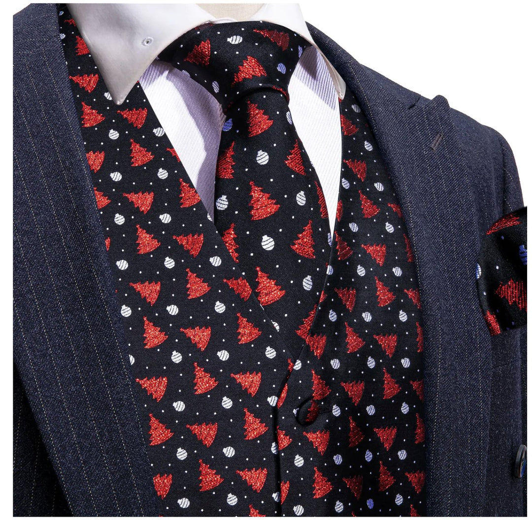 Men's Black Red Christmas Tree Silk Tie Hanky Cufflinks Waistcoat Vest Set - MJ - 2577 - SimonVon Shop