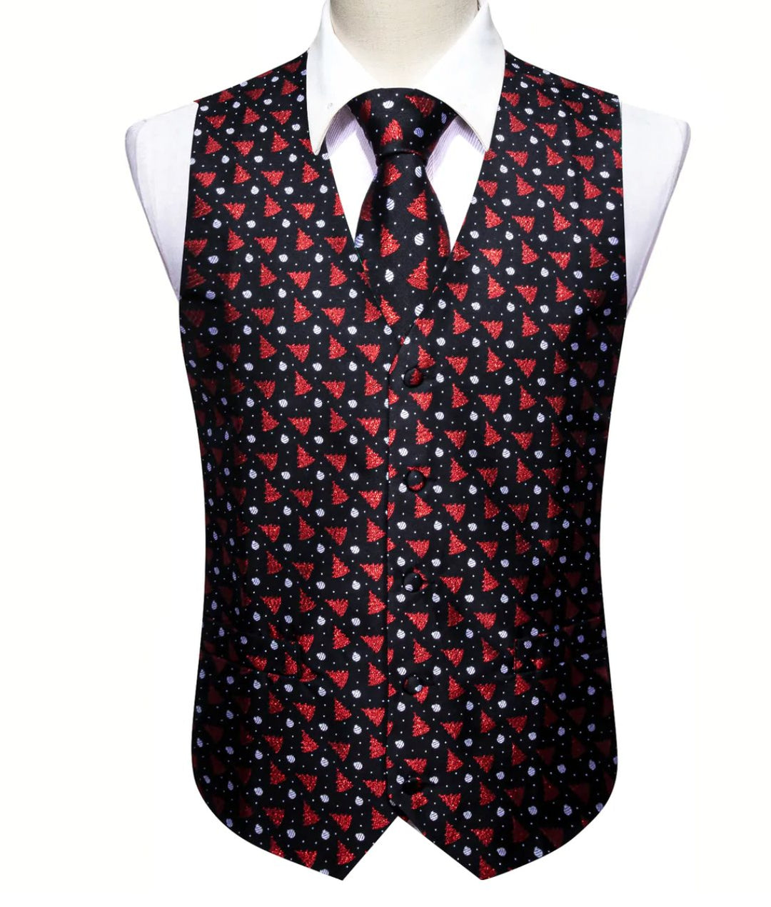 Men's Black Red Christmas Tree Silk Tie Hanky Cufflinks Waistcoat Vest Set - MJ - 2577 - SimonVon Shop