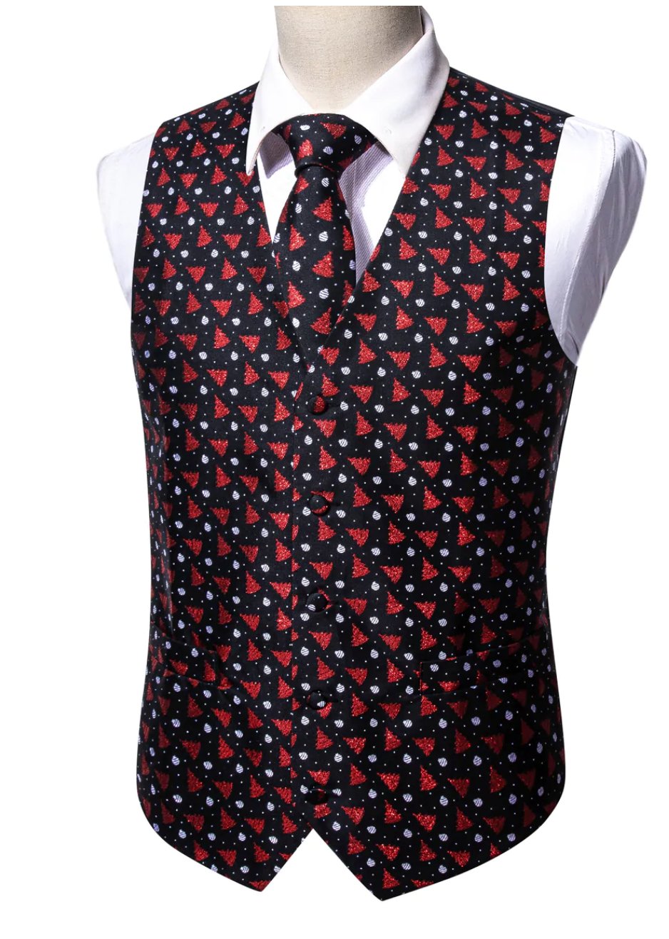 Men's Black Red Christmas Tree Silk Tie Hanky Cufflinks Waistcoat Vest Set - MJ - 2577 - SimonVon Shop