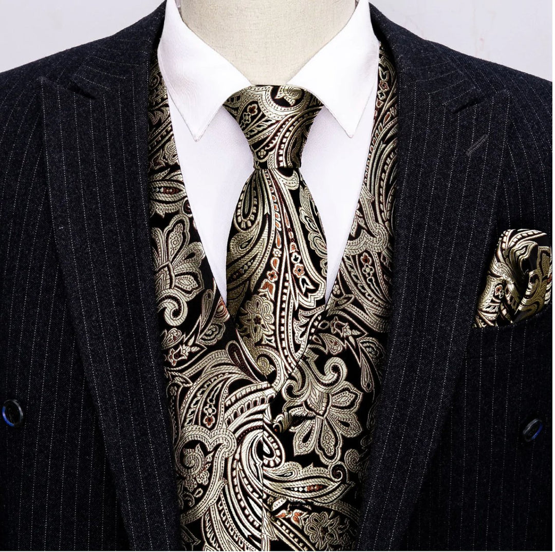 Men's Black Silver Paisley Silk Vest Necktie Pocket square Cufflinks - MJ - 2039 - SimonVon Shop