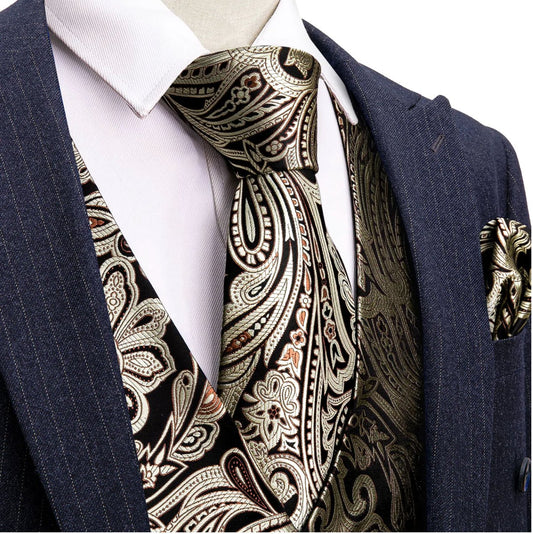 Men's Black Silver Paisley Silk Vest Necktie Pocket square Cufflinks - MJ - 2039 - SimonVon Shop