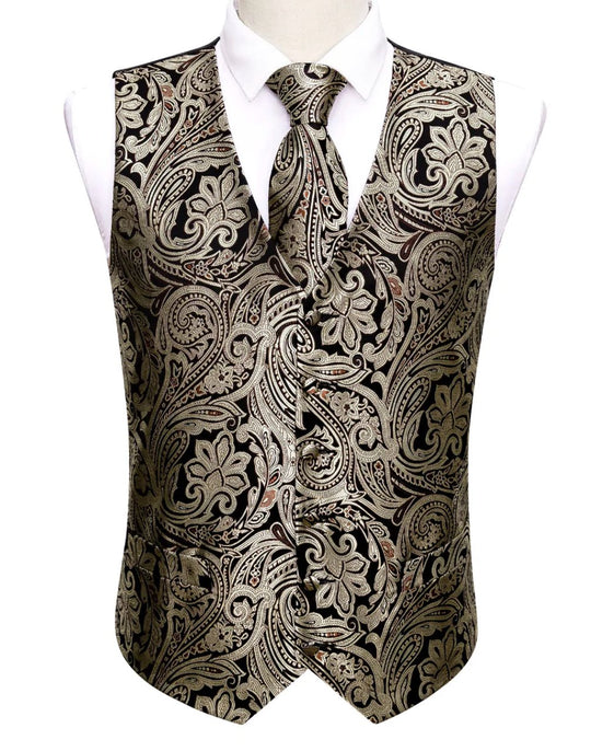 Men's Black Silver Paisley Silk Vest Necktie Pocket square Cufflinks - MJ - 2039 - SimonVon Shop
