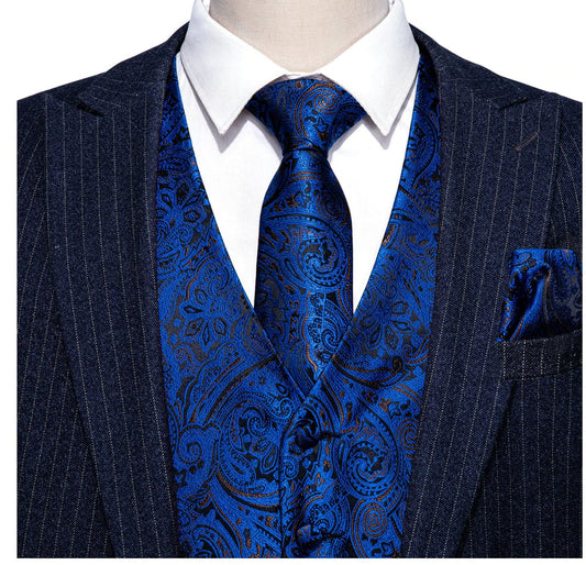 Men's Blue Black Paisley Silk Vest Necktie Pocket Square Cufflinks Set.MJ - 2077 - SimonVon Shop