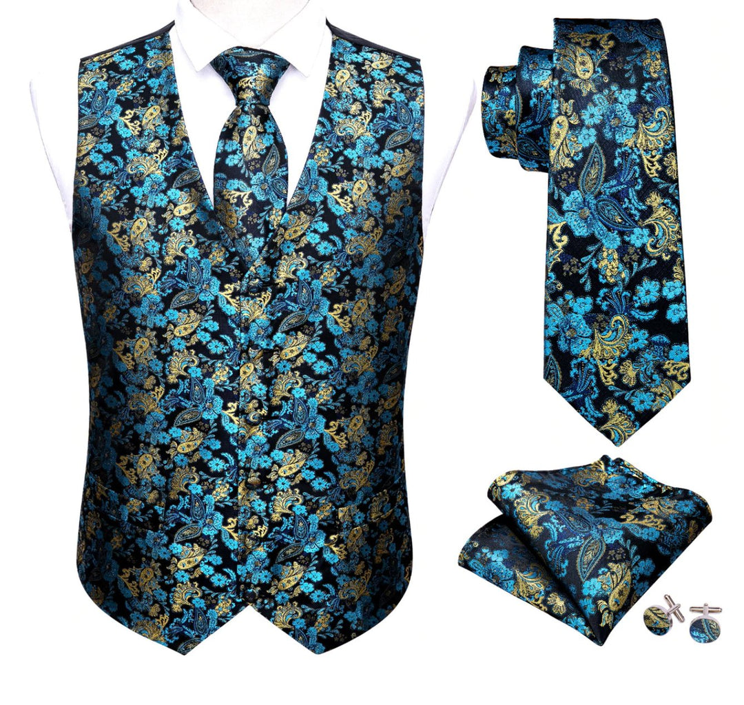 Men's Blue Gold Paisley Silk Vest Necktie Pocket square Cufflinks.MJ - 2036 - SimonVon Shop