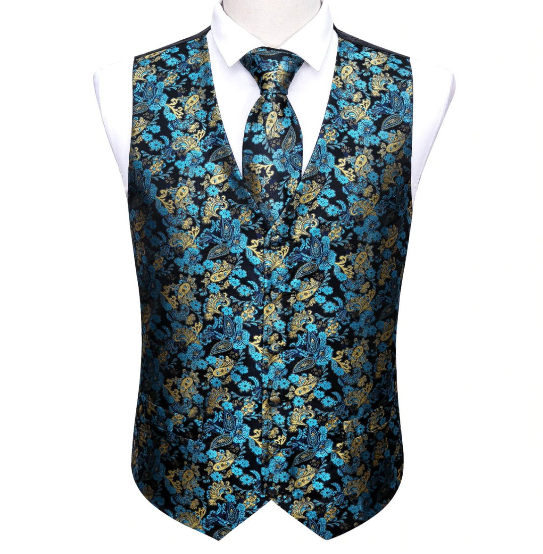 Men's Blue Gold Paisley Silk Vest Necktie Pocket square Cufflinks.MJ - 2036 - SimonVon Shop