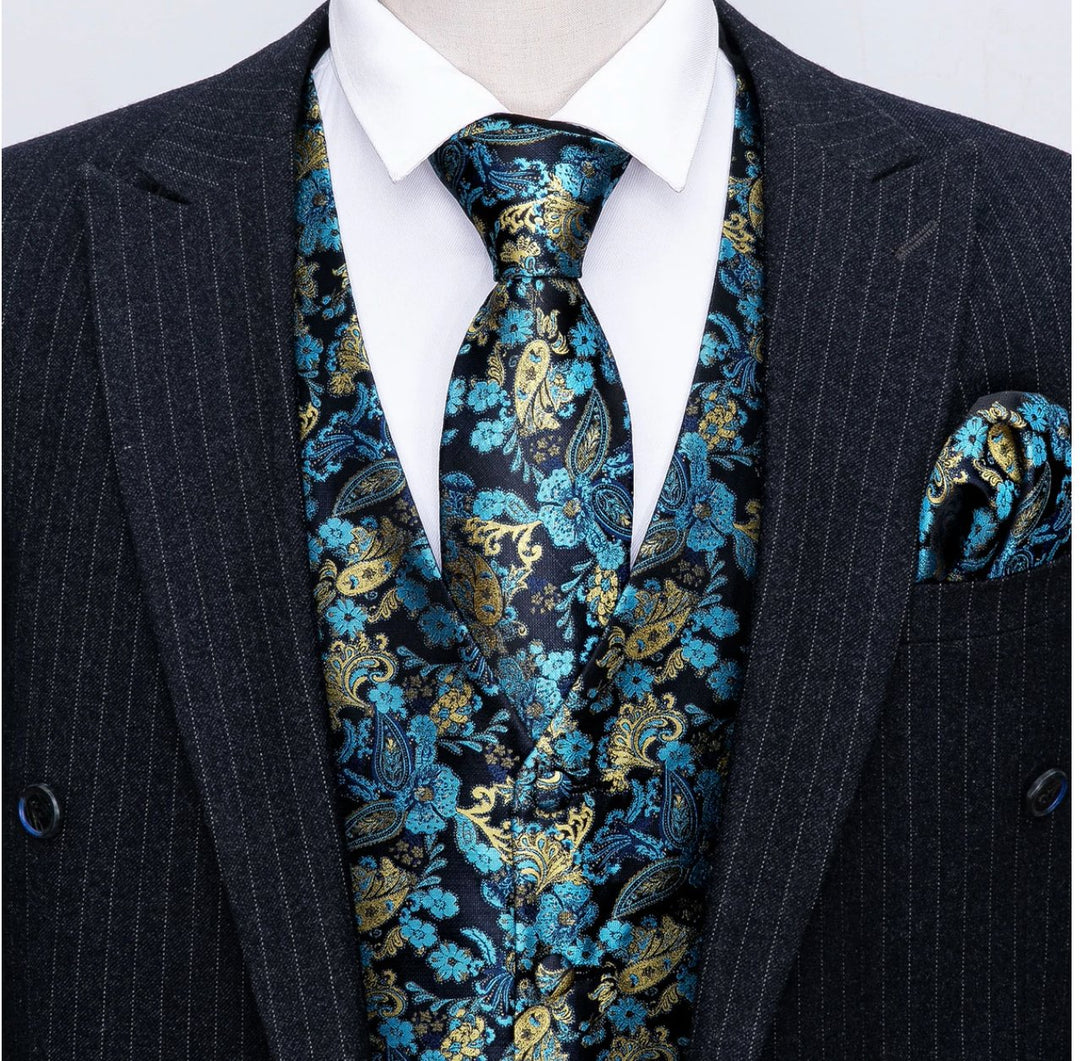 Men's Blue Gold Paisley Silk Vest Necktie Pocket square Cufflinks.MJ - 2036 - SimonVon Shop