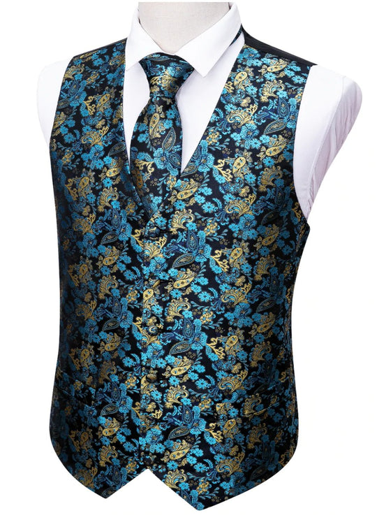 Men's Blue Gold Paisley Silk Vest Necktie Pocket square Cufflinks.MJ - 2036 - SimonVon Shop