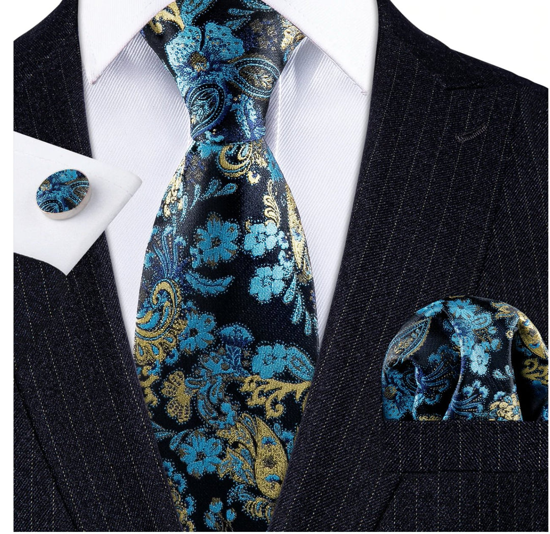 Men's Blue Gold Paisley Silk Vest Necktie Pocket square Cufflinks.MJ - 2036 - SimonVon Shop