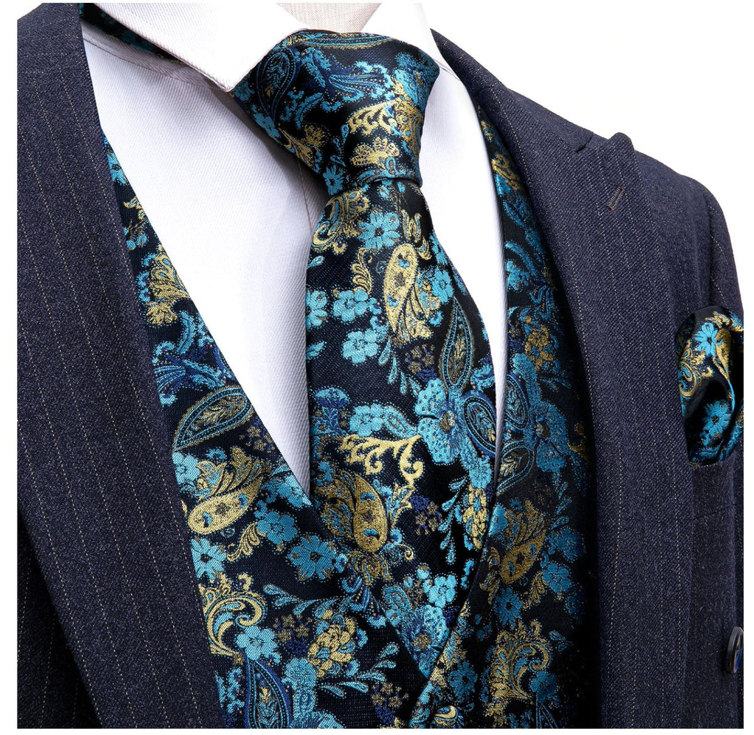 Men's Blue Gold Paisley Silk Vest Necktie Pocket square Cufflinks.MJ - 2036 - SimonVon Shop