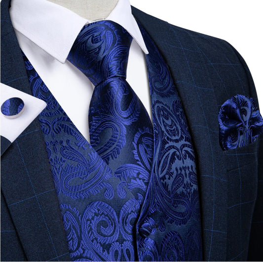 MEN'S CLASSIC BLUE FLORAL JACQUARD SILK WAISTCOAT VEST TIE HANDKERCHIEF CUFFLINKS SUIT SET - MJ - 0134 - SimonVon Shop