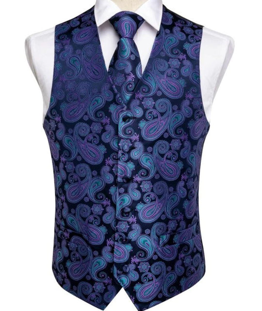 MEN'S CLASSIC BLUE PAISLEY JACQUARD SILK WAISTCOAT VEST HANDKERCHIEF CUFFLINKS TIE VEST SET - MJ - 0104 - SimonVon Shop