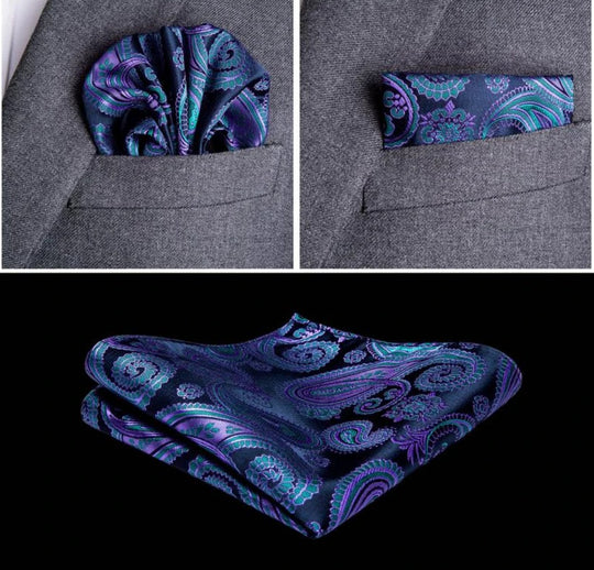 MEN'S CLASSIC BLUE PAISLEY JACQUARD SILK WAISTCOAT VEST HANDKERCHIEF CUFFLINKS TIE VEST SET - MJ - 0104 - SimonVon Shop