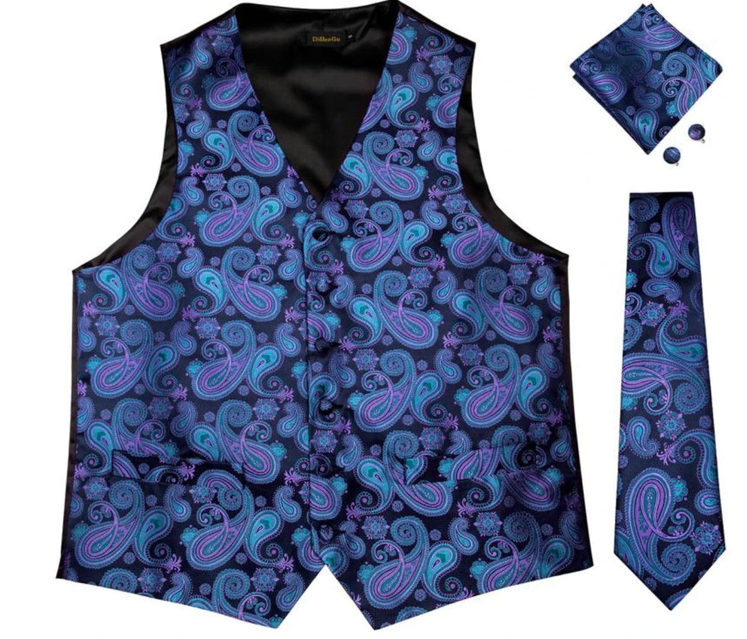 MEN'S CLASSIC BLUE PAISLEY JACQUARD SILK WAISTCOAT VEST HANDKERCHIEF CUFFLINKS TIE VEST SET - MJ - 0104 - SimonVon Shop