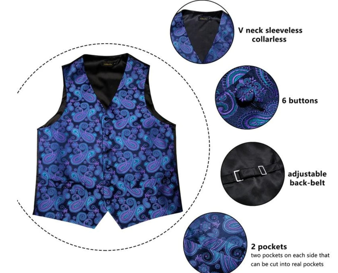 MEN'S CLASSIC BLUE PAISLEY JACQUARD SILK WAISTCOAT VEST HANDKERCHIEF CUFFLINKS TIE VEST SET - MJ - 0104 - SimonVon Shop