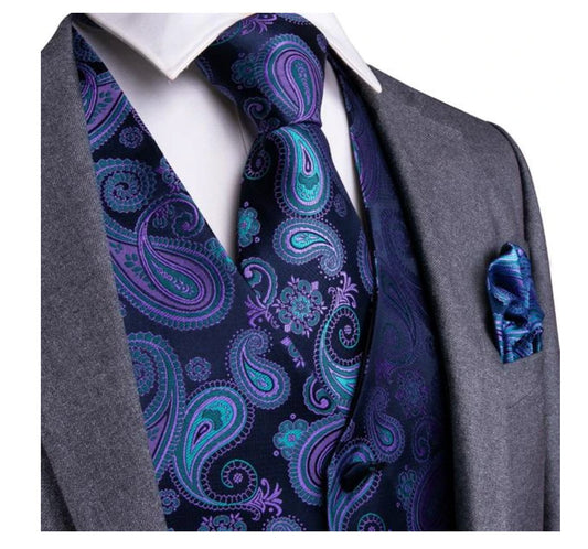 MEN'S CLASSIC BLUE PAISLEY JACQUARD SILK WAISTCOAT VEST HANDKERCHIEF CUFFLINKS TIE VEST SET - MJ - 0104 - SimonVon Shop