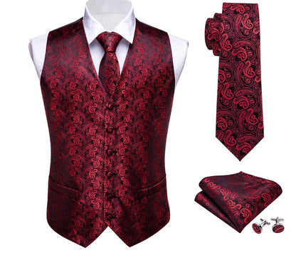 MEN'S CLASSIC DEEP RED FLORAL JACQUARD SILK WAISTCOAT VEST HANDKERCHIEF CUFFLINKS TIE VEST SET - MJ - 2001 - SimonVon Shop