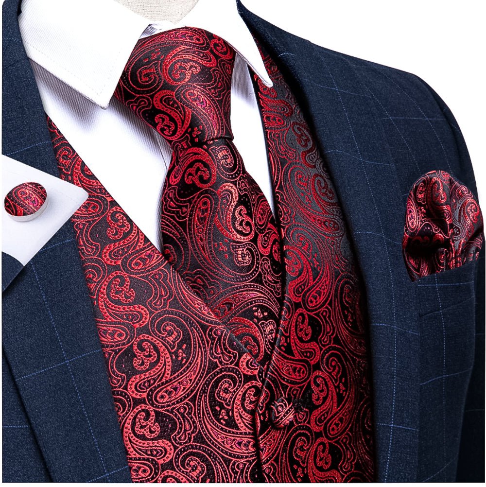 MEN'S CLASSIC DEEP RED FLORAL JACQUARD SILK WAISTCOAT VEST HANDKERCHIEF CUFFLINKS TIE VEST SET - MJ - 2001 - SimonVon Shop