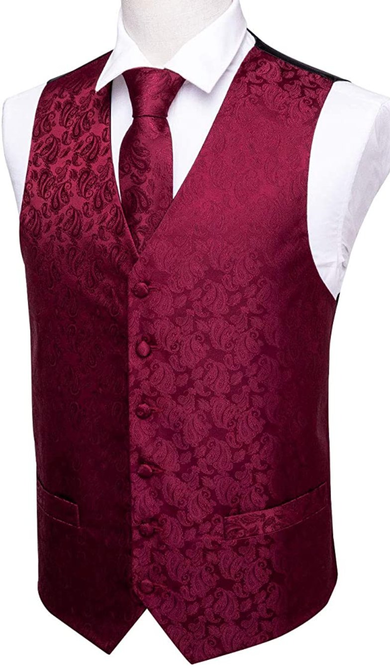 MEN'S CLASSIC DEEP RED PAISLEY JACQUARD SILK WAISTCOAT VEST HANDKERCHIEF CUFFLINKS TIE VEST SET - MJ - 2008 - SimonVon Shop