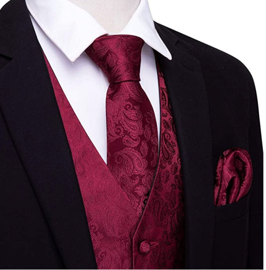 MEN'S CLASSIC DEEP RED PAISLEY JACQUARD SILK WAISTCOAT VEST HANDKERCHIEF CUFFLINKS TIE VEST SET - MJ - 2008 - SimonVon Shop