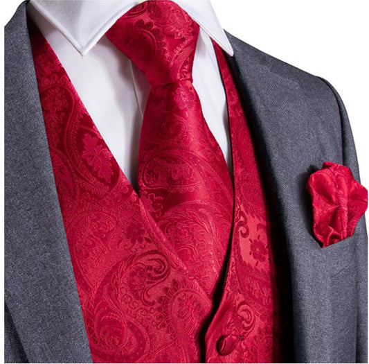 MEN'S CLASSIC RED PAISLEY JACQUARD SILK WAISTCOAT VEST HANDKERCHIEF CUFFLINKS TIE VEST SET - MJ - 0102 - SimonVon Shop