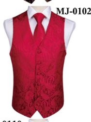 MEN'S CLASSIC RED PAISLEY JACQUARD SILK WAISTCOAT VEST HANDKERCHIEF CUFFLINKS TIE VEST SET - MJ - 0102 - SimonVon Shop
