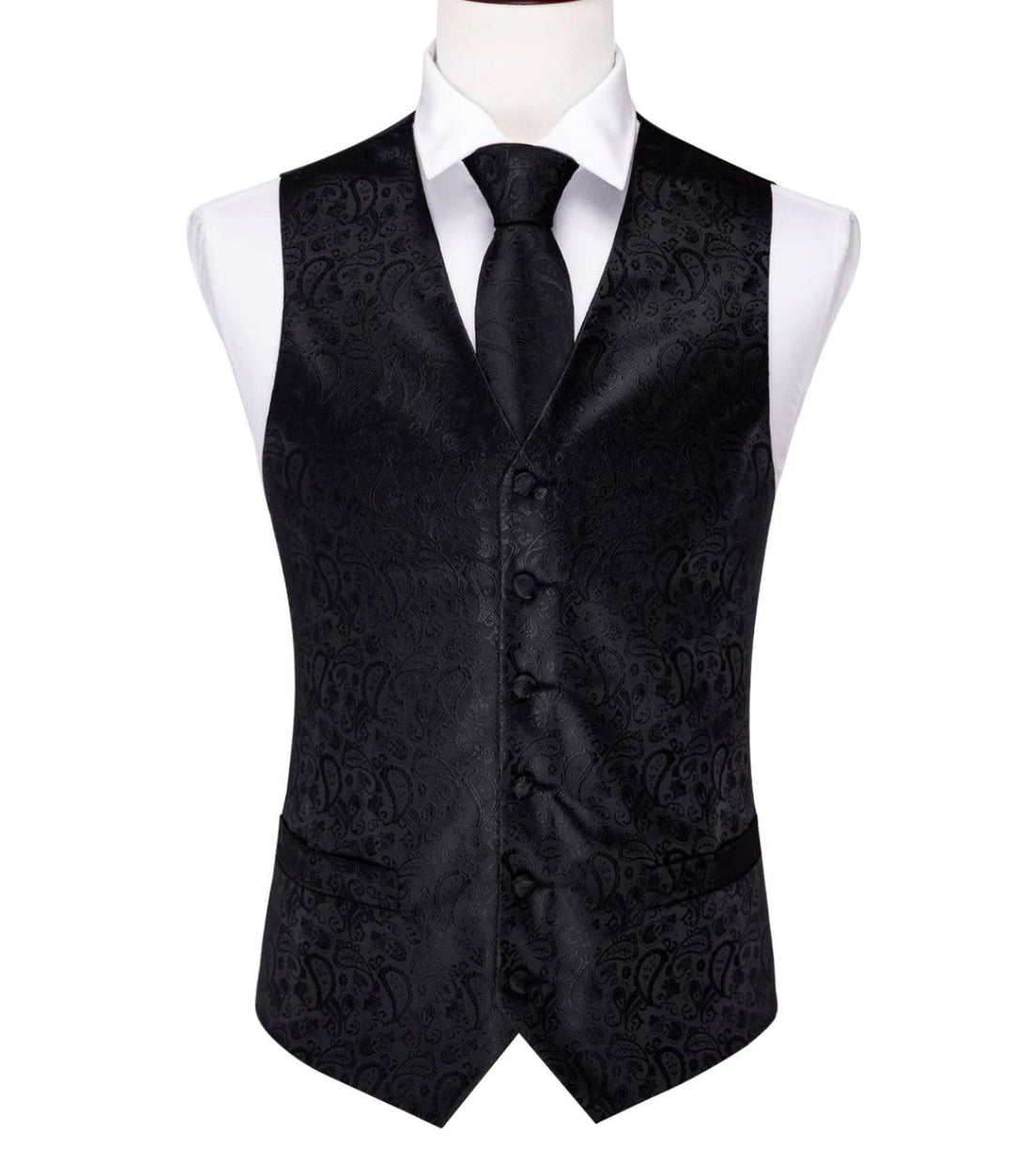 Men's Deep Black Paisley Silk Vest Necktie Pocket square Cufflinks - MJ - 2014 - SimonVon Shop