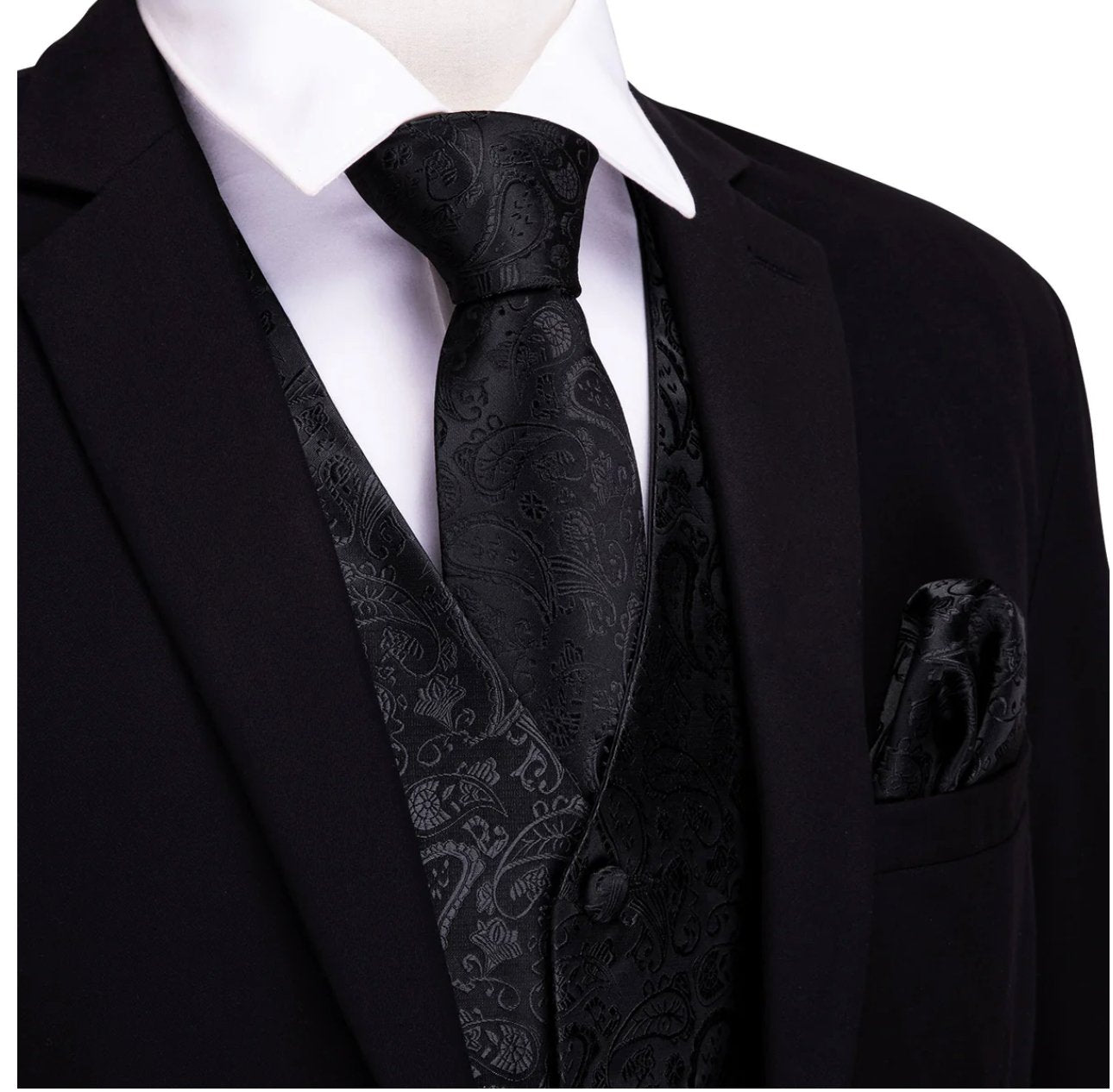 Men's Deep Black Paisley Silk Vest Necktie Pocket square Cufflinks-MJ-2014 - SimonVon Shop