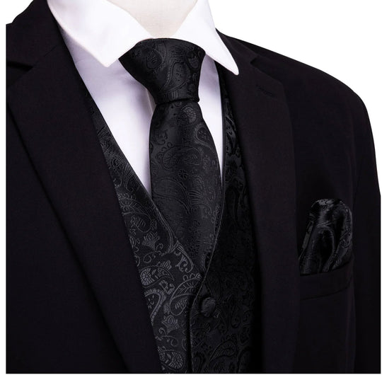 Men's Deep Black Paisley Silk Vest Necktie Pocket square Cufflinks - MJ - 2014 - SimonVon Shop