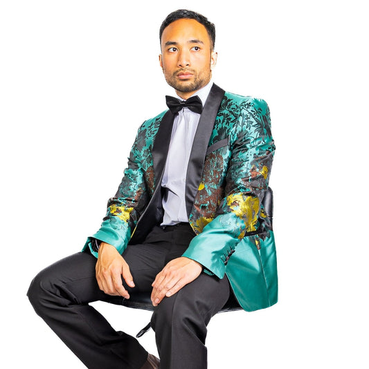 Men's Dress Party Blue Brown Floral Suit Jacket Slim One Button Stylish Blazer - XX - 0041 - SimonVon Shop