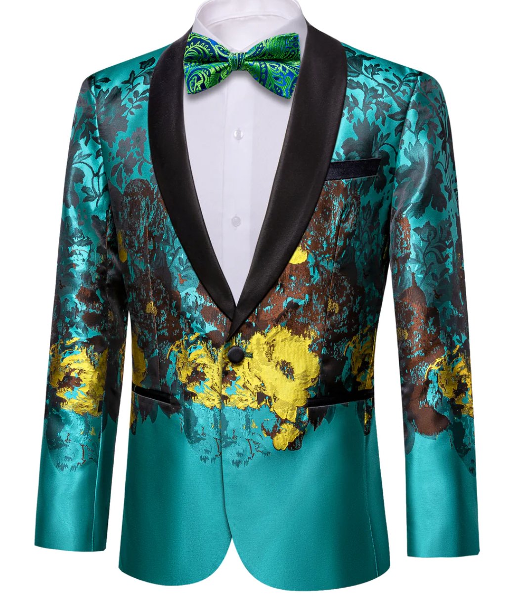 Men's Dress Party Blue Brown Floral Suit Jacket Slim One Button Stylish Blazer - XX - 0041 - SimonVon Shop