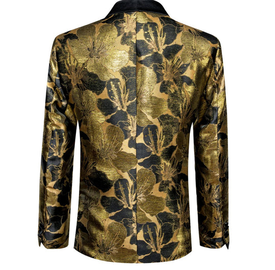 Men's Dress Party Gold Black Floral Suit Jacket Slim One Button Stylish Blazer - XX - 0035 - SimonVon Shop