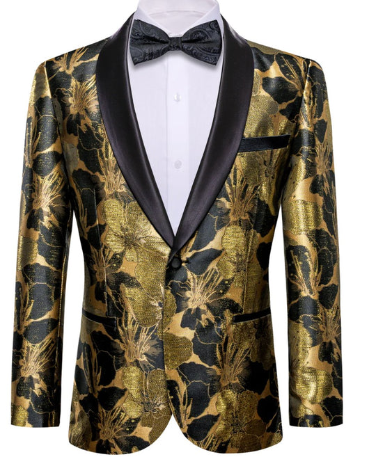 Men's Dress Party Gold Black Floral Suit Jacket Slim One Button Stylish Blazer - XX - 0035 - SimonVon Shop