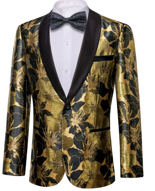 Men's Dress Party Gold Black Floral Suit Jacket Slim One Button Stylish Blazer - XX - 0035 - SimonVon Shop