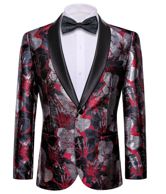 Men's Dress Party Red Grey Floral Suit Jacket Slim One Button Stylish Blazer - XX - 0034 - SimonVon Shop