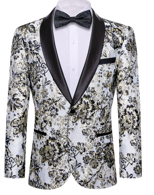 Men's Dress Party White Yellow Floral Suit Jacket Slim One Button Stylish Blazer - XX - 0038 - SimonVon Shop