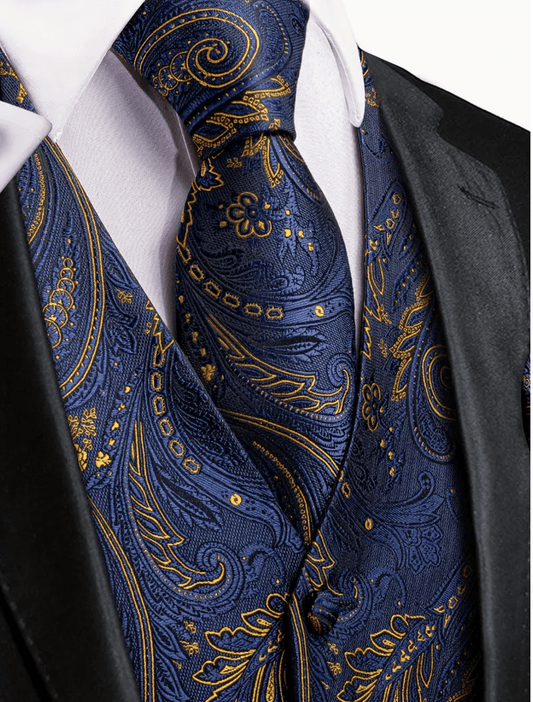 Men's Elegant Blue Paisley Waistcoat Set ,Polyester 100% - Includes Necktie, Handkerchief, and Cufflinks - MJ - 3023 - SimonVon Shop