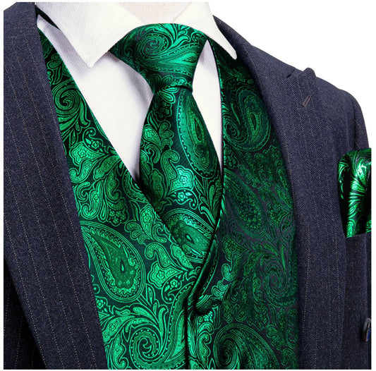 Men's Green Paisley Silk Vest Necktie Pocket square Cufflinks - MJ - 2518 - SimonVon Shop