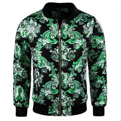 Mens Green White Floral Jacquard Paisley Lightweight Zip Jacket Casual - JK - 0005 - SimonVon Shop