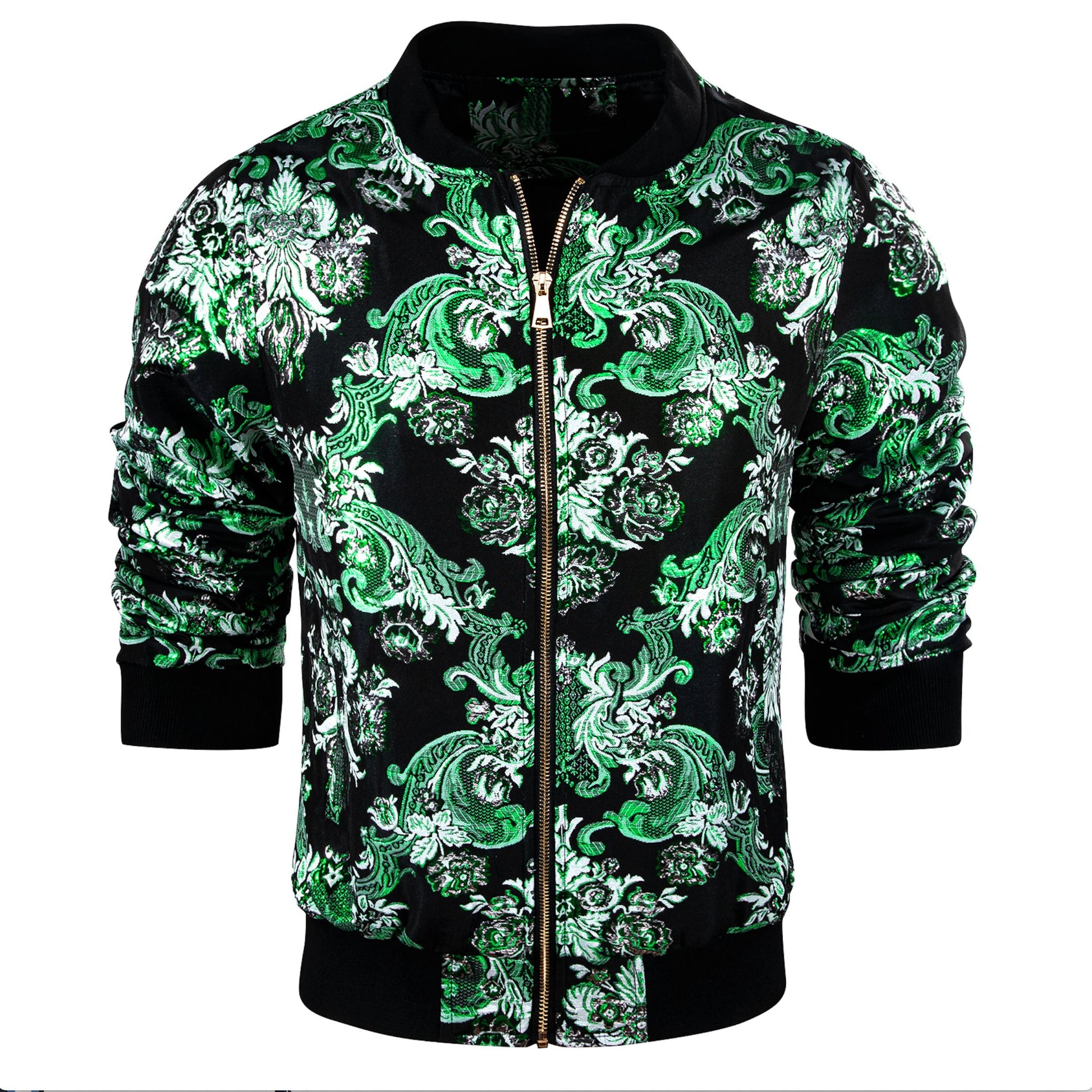 Mens Green White Floral Jacquard Paisley Lightweight Zip Jacket Casual - JK - 0005 - SimonVon Shop