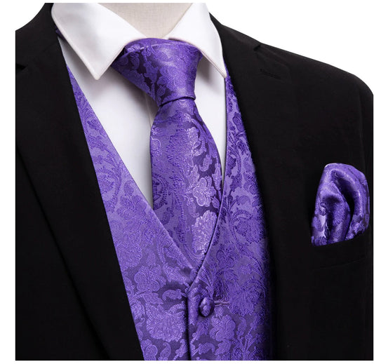 Men's Lavender Purple Floral Silk Vest Necktie Pocket square Cufflinks - MJ - 2021 - SimonVon Shop