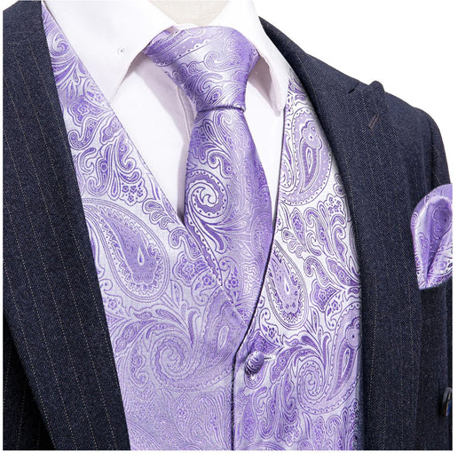 Men's Light Purple Paisley Silk Vest Necktie Pocket square Cufflinks - MJ - 2097 - SimonVon Shop