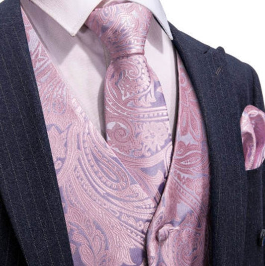 Men's Pink Paisley Silk Vest Necktie Pocket square Cufflinks - MJ - 2067 - SimonVon Shop