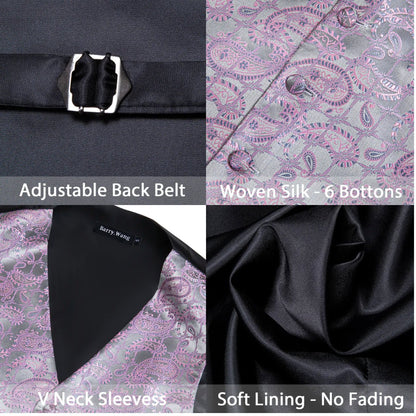 Men's Pink Silver Floral Silk Vest Necktie Pocket square Cufflinks - MJ - 2520 - SimonVon Shop