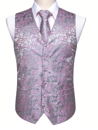 Men's Pink Silver Floral Silk Vest Necktie Pocket square Cufflinks - MJ - 2520 - SimonVon Shop