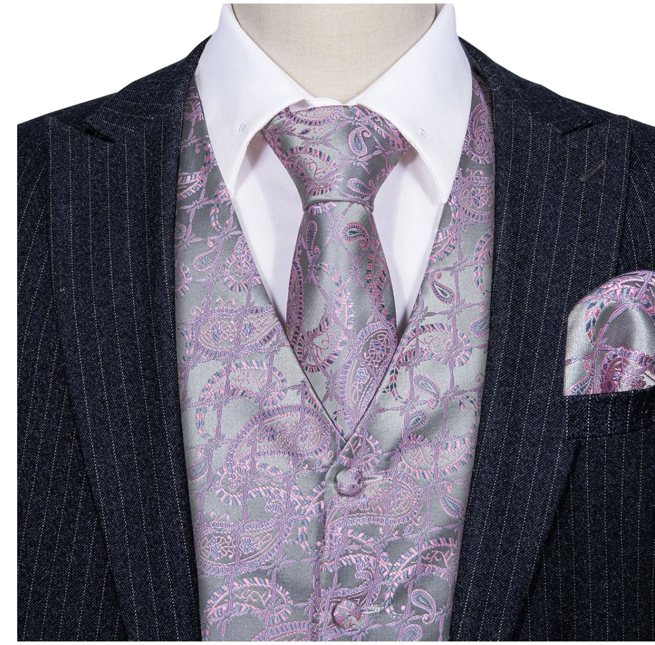 Men's Pink Silver Floral Silk Vest Necktie Pocket square Cufflinks - MJ - 2520 - SimonVon Shop