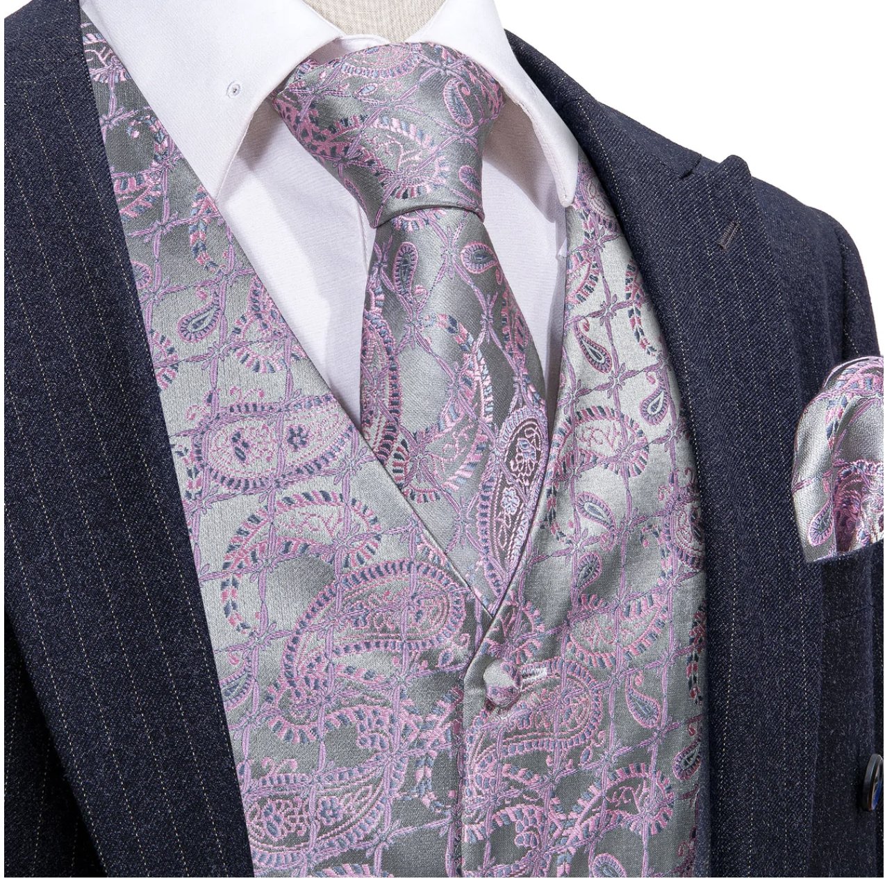 Men's Pink Silver Floral Silk Vest Necktie Pocket square Cufflinks - MJ - 2520 - SimonVon Shop