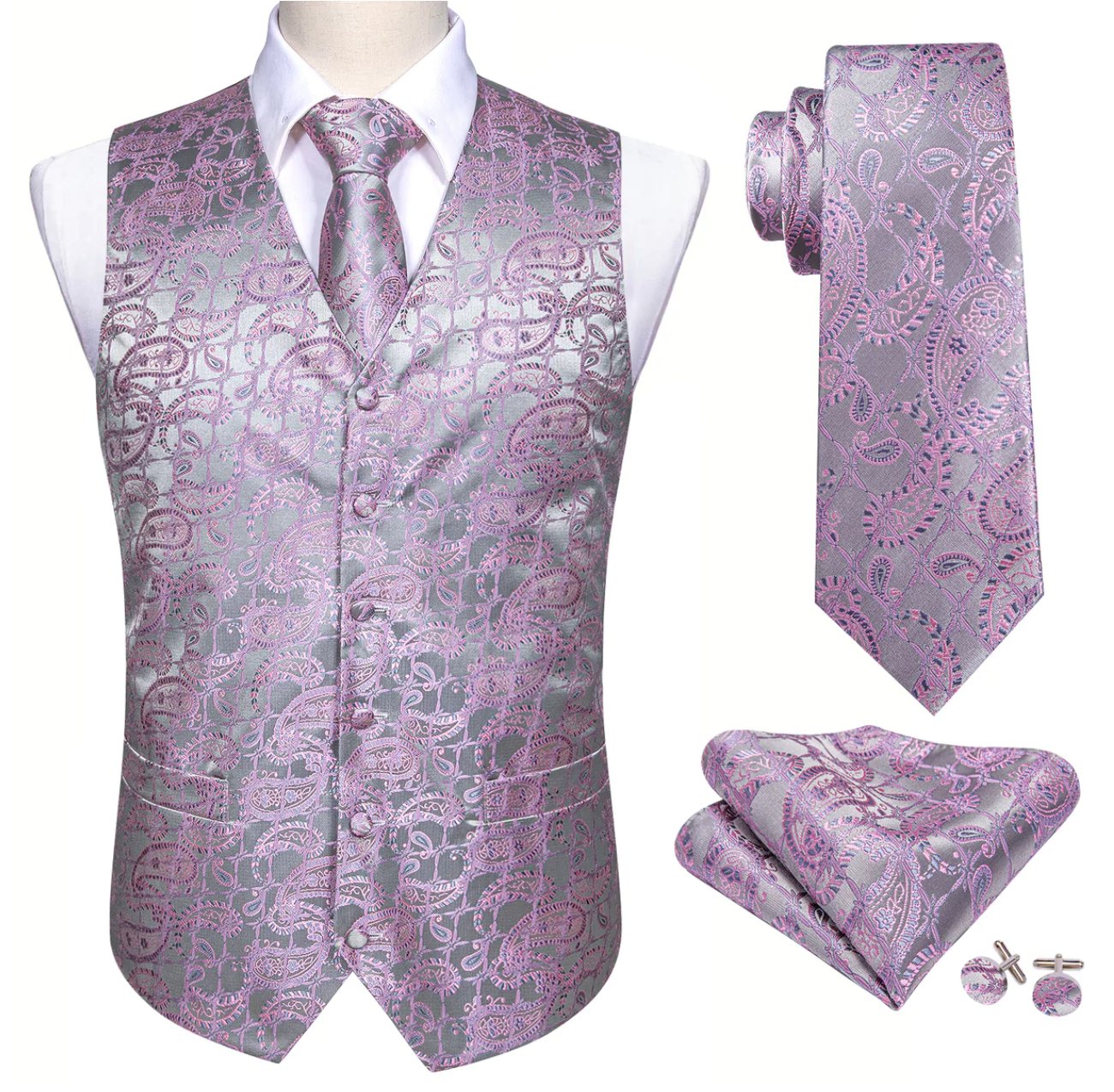 Men's Pink Silver Floral Silk Vest Necktie Pocket square Cufflinks - MJ - 2520 - SimonVon Shop